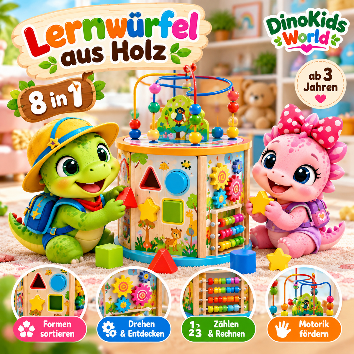 Kruzzel 22429 Lernwürfel aus Holz 8-in-1 mit Rexy und Luma
