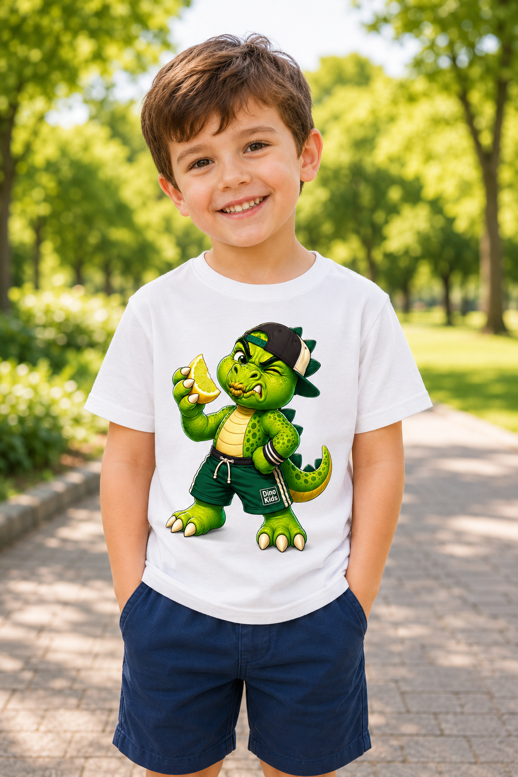 Cooles DinoKids Jungen T-Shirt – Dino mit Zitrone