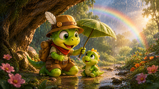 Rexy und das Dino-Baby im Regen