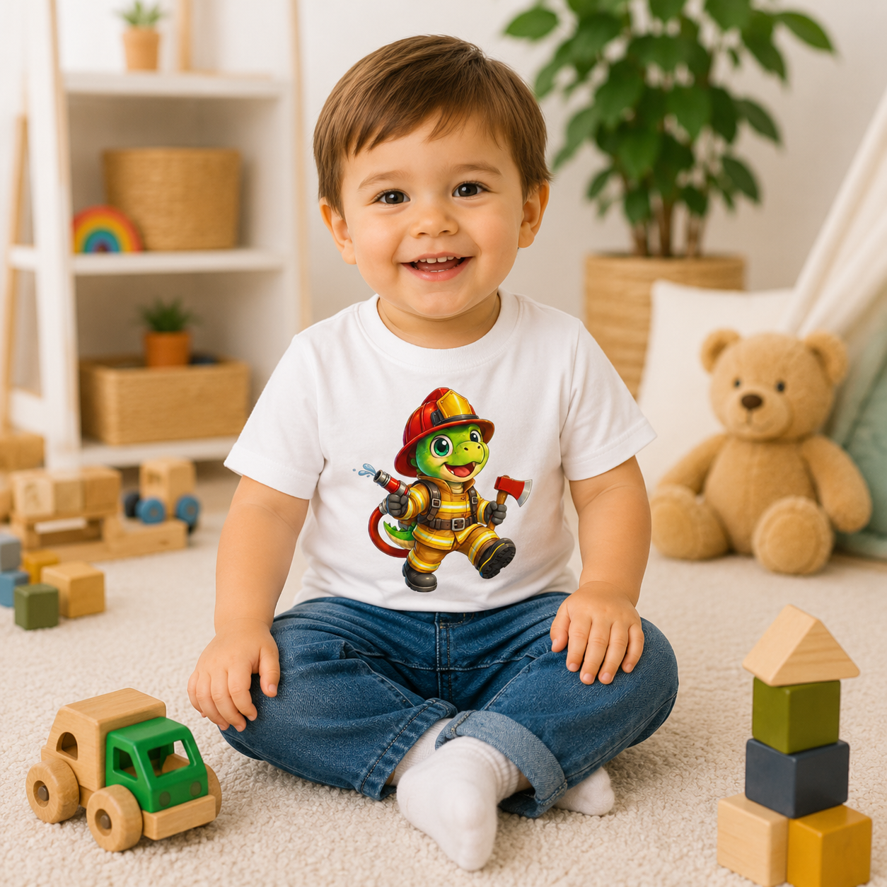 Baby T-Shirt mit Feuerwehr-Dino