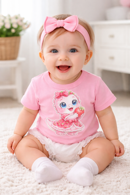 Süßes Dino Baby T-Shirt – Rexy mit Erdbeeren