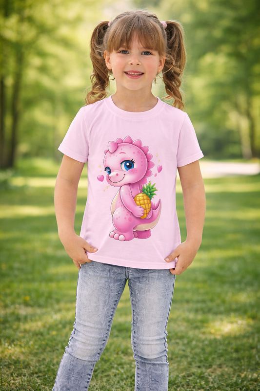 Süßes Dino Kinder-T-Shirt in Rosa – Rexy mit Ananas für Mädchen