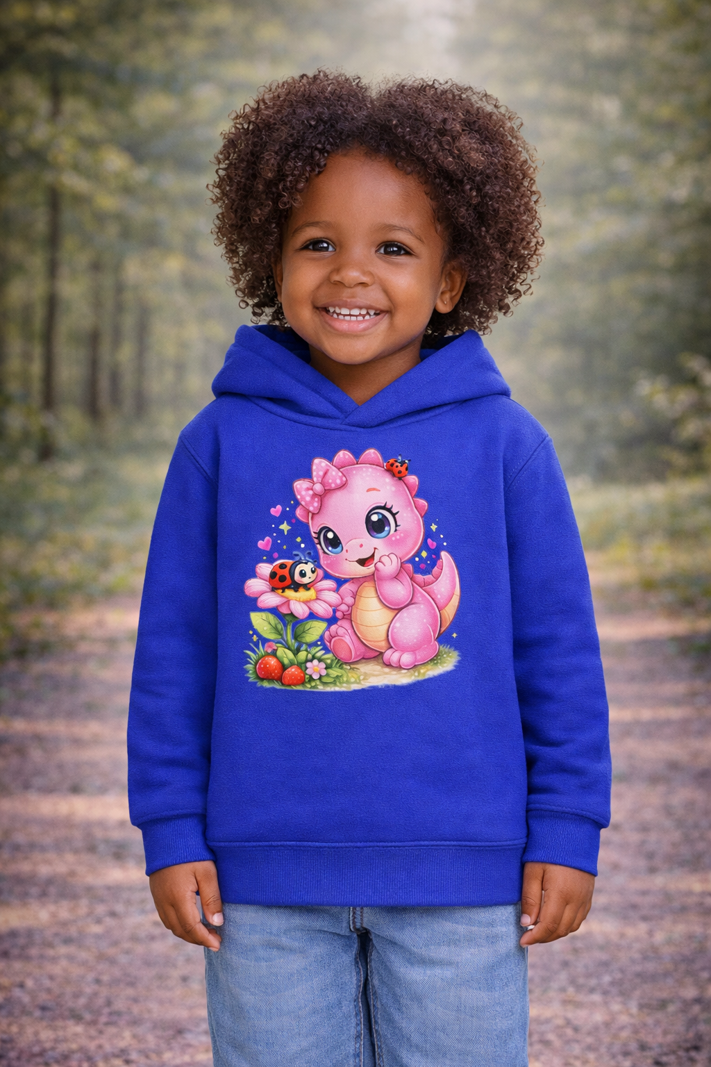 Süßer Dino Kinder Hoodie – Rosa Rexy mit Blume & Marienkäfer für Mädchen