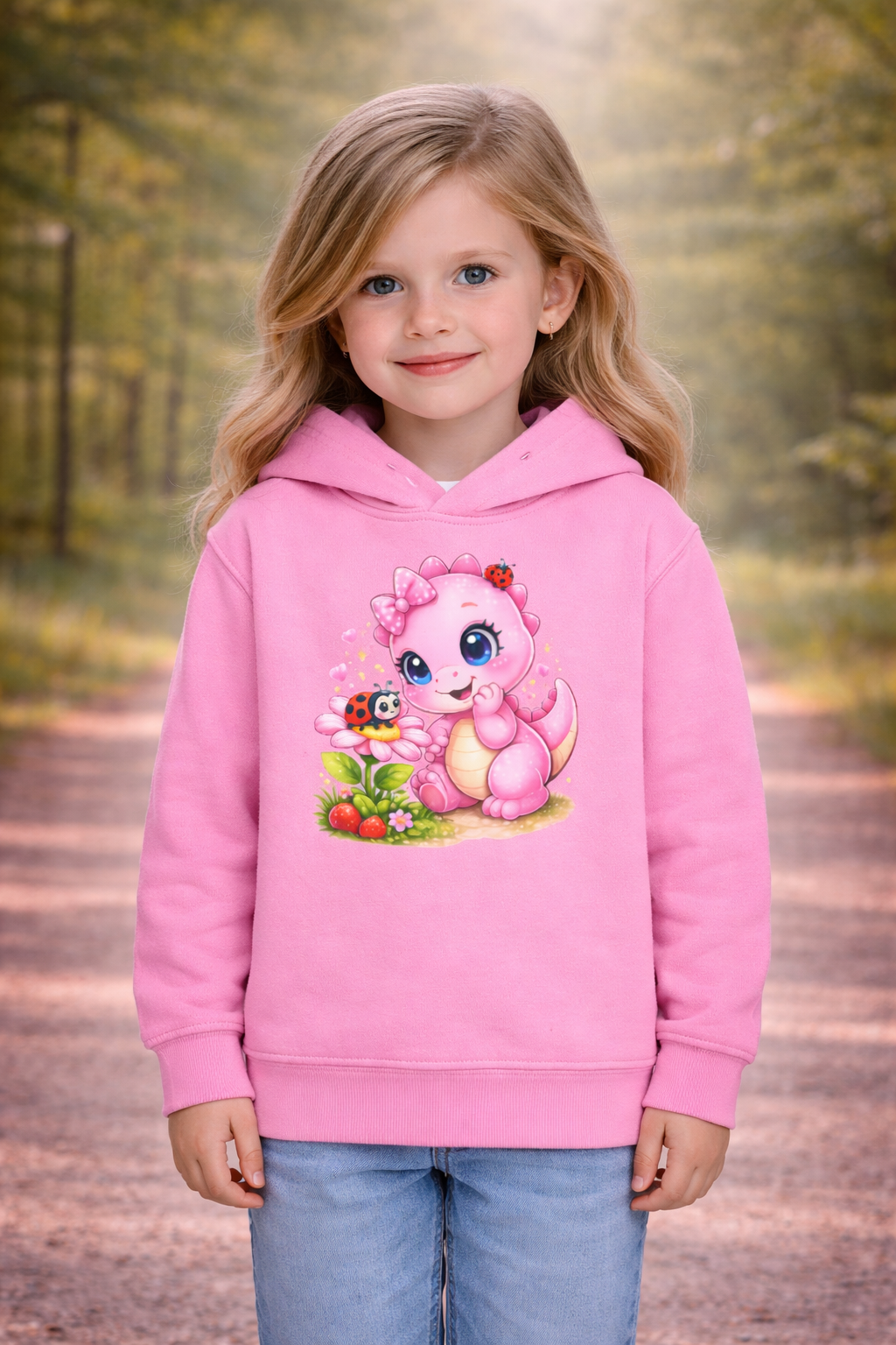 Süßer Dino Kinder Hoodie – Rosa Rexy mit Blume & Marienkäfer für Mädchen