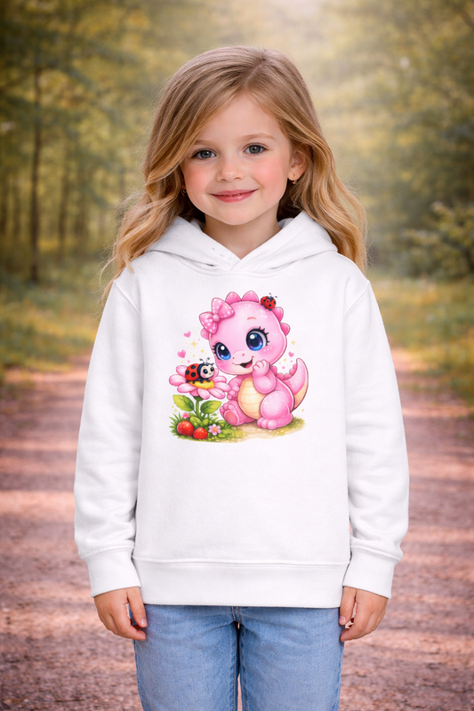 Süßer Dino Kinder Hoodie – Rosa Rexy mit Blume & Marienkäfer für Mädchen