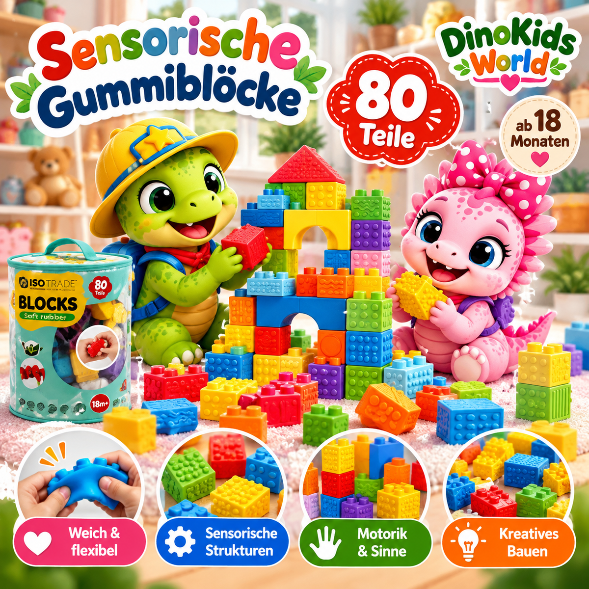 Sensorische Gummiblöcke 80 Teile mit Rexy und Luma