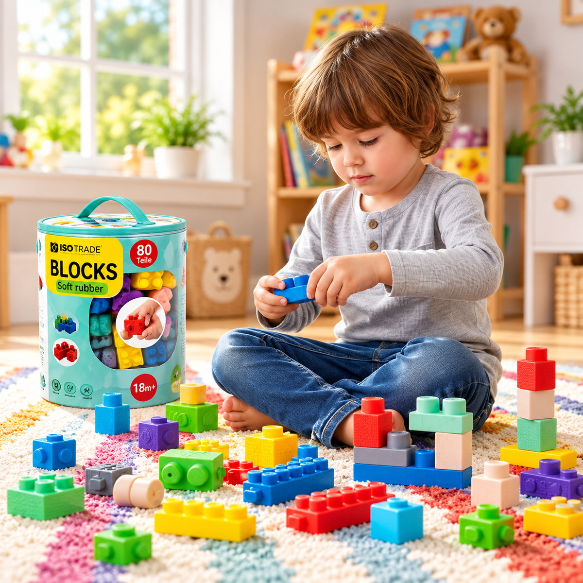 Kind spielt mit sensorischen Gummiblöcken ISO TRADE 26575
