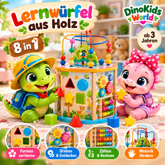 Kruzzel 22429 Lernwürfel aus Holz 8-in-1 mit Rexy und Luma