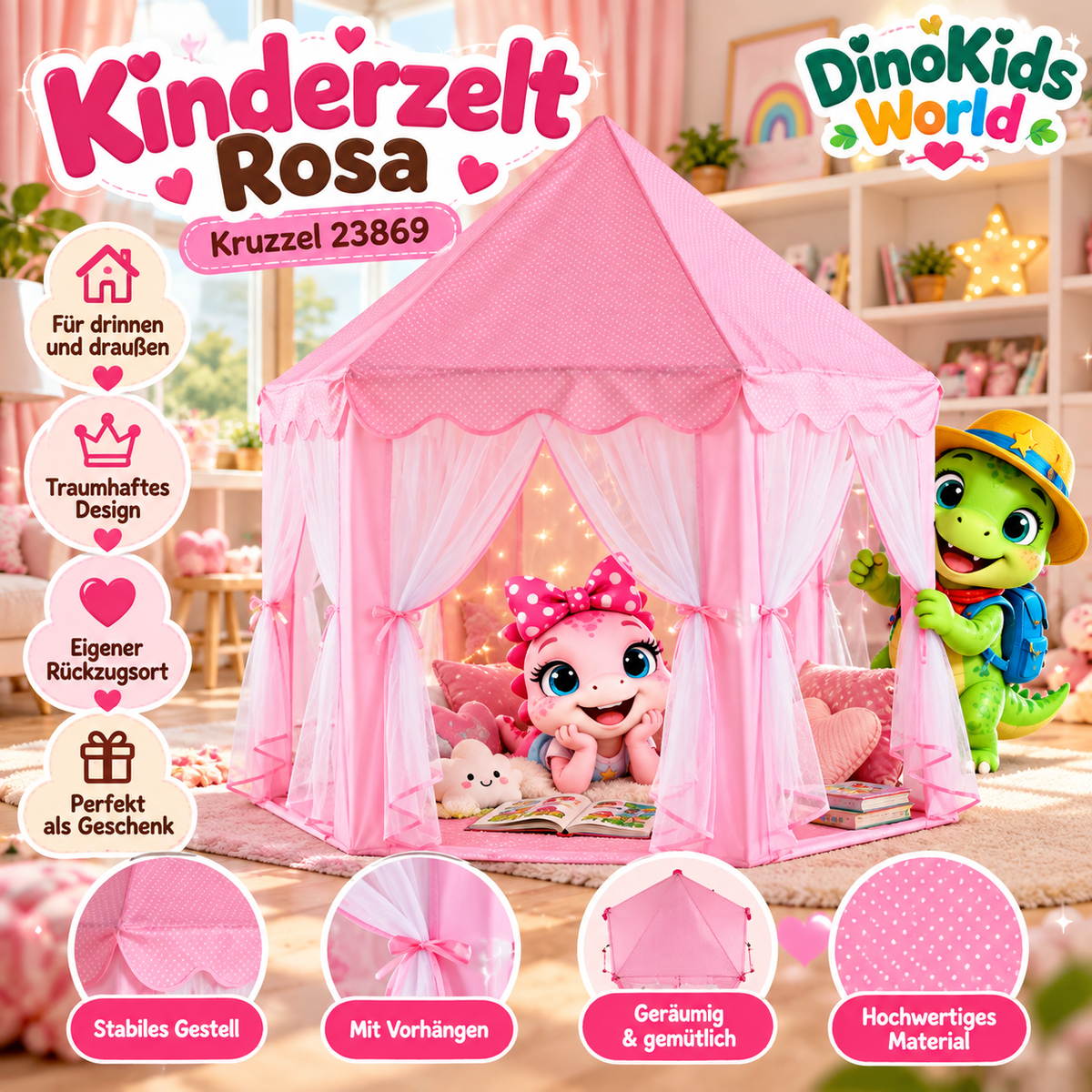 Kruzzel 23869 Kinderzelt rosa mit Rexy und Luma
