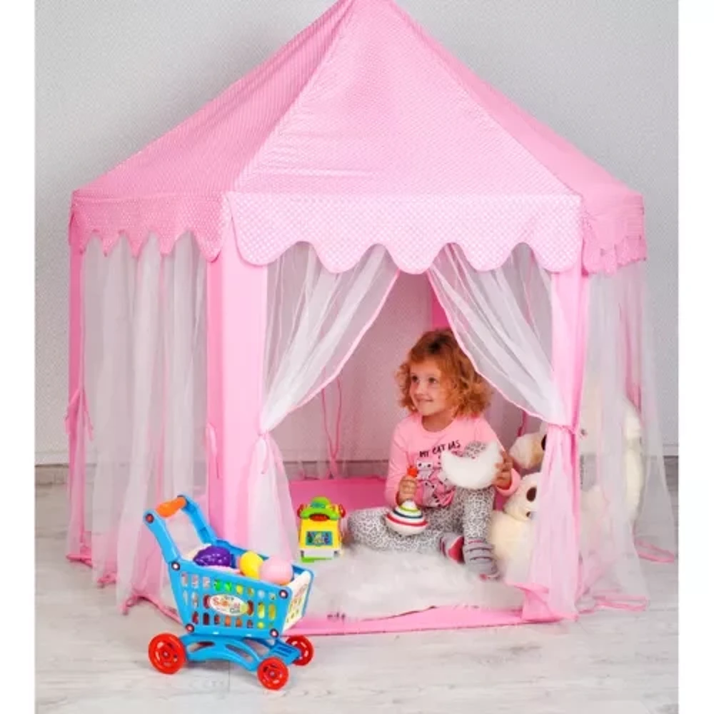 Kruzzel 23869 Kinderzelt rosa mit Kind als Größenbeispiel