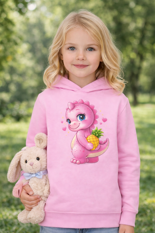 Süßer Dino Kinder Hoodie in Rosa – Rexy mit Ananas für Mädchen