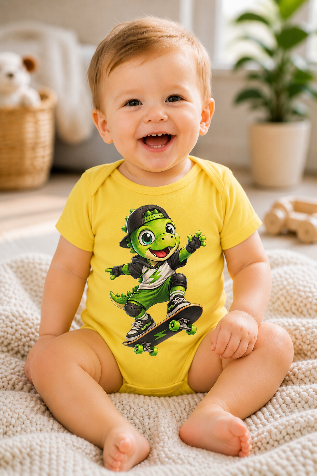 Baby-Body mit Skateboard-Dino