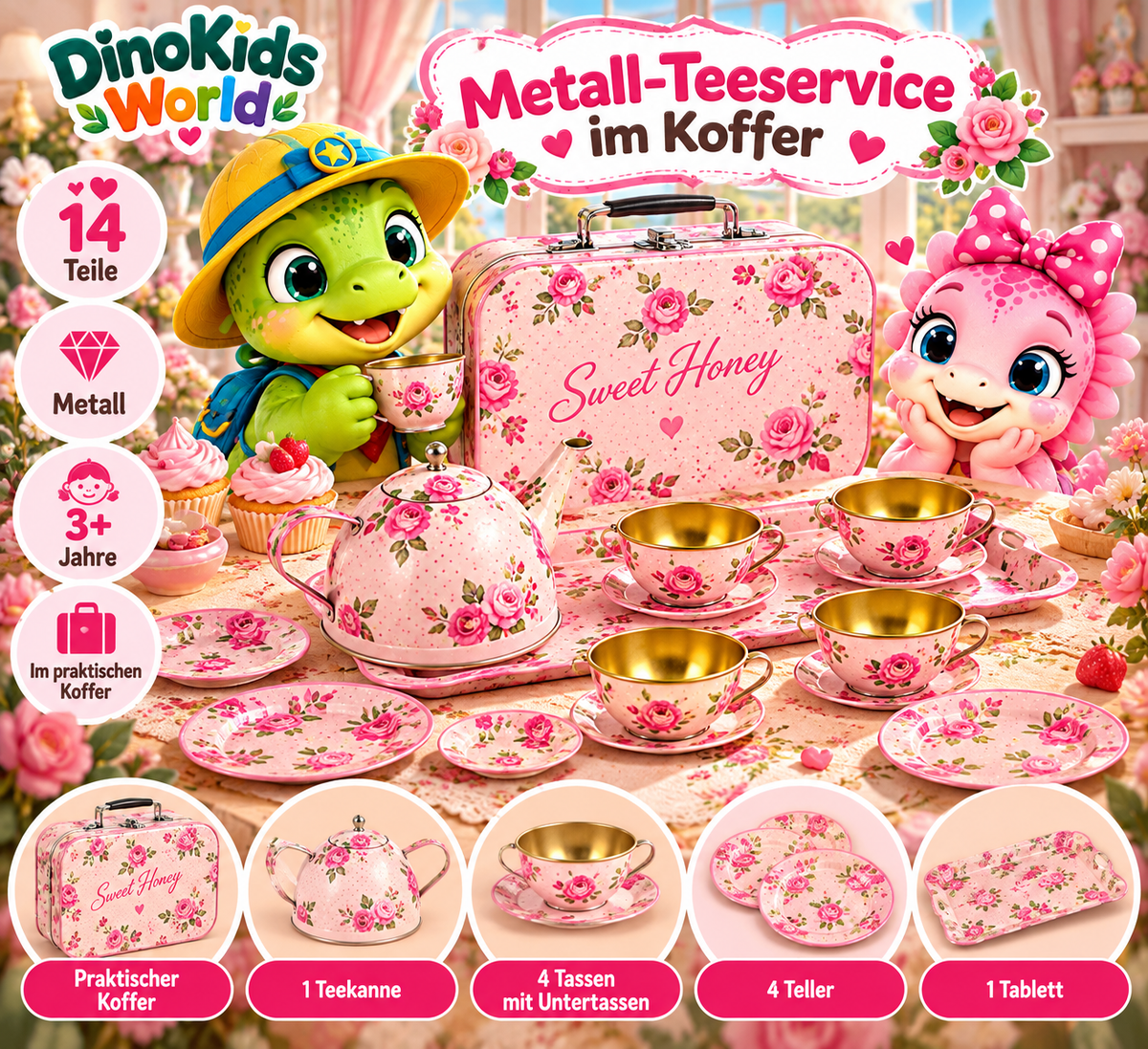 Metall-Teeservice im Rosen-Koffer mit goldfarbenen Tassen und DinoKids