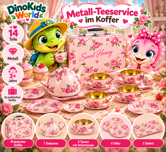 Metall-Teeservice im Rosen-Koffer mit goldfarbenen Tassen und DinoKids