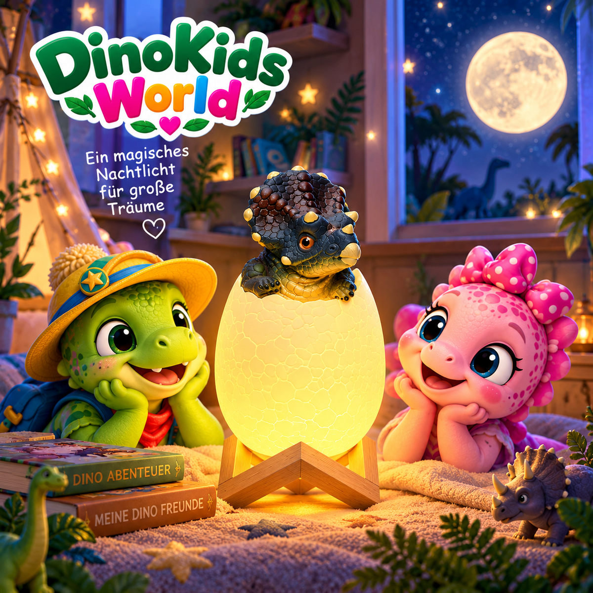Triceratops Nachtlicht mit Rexy und Luma im Dino-Kinderzimmer