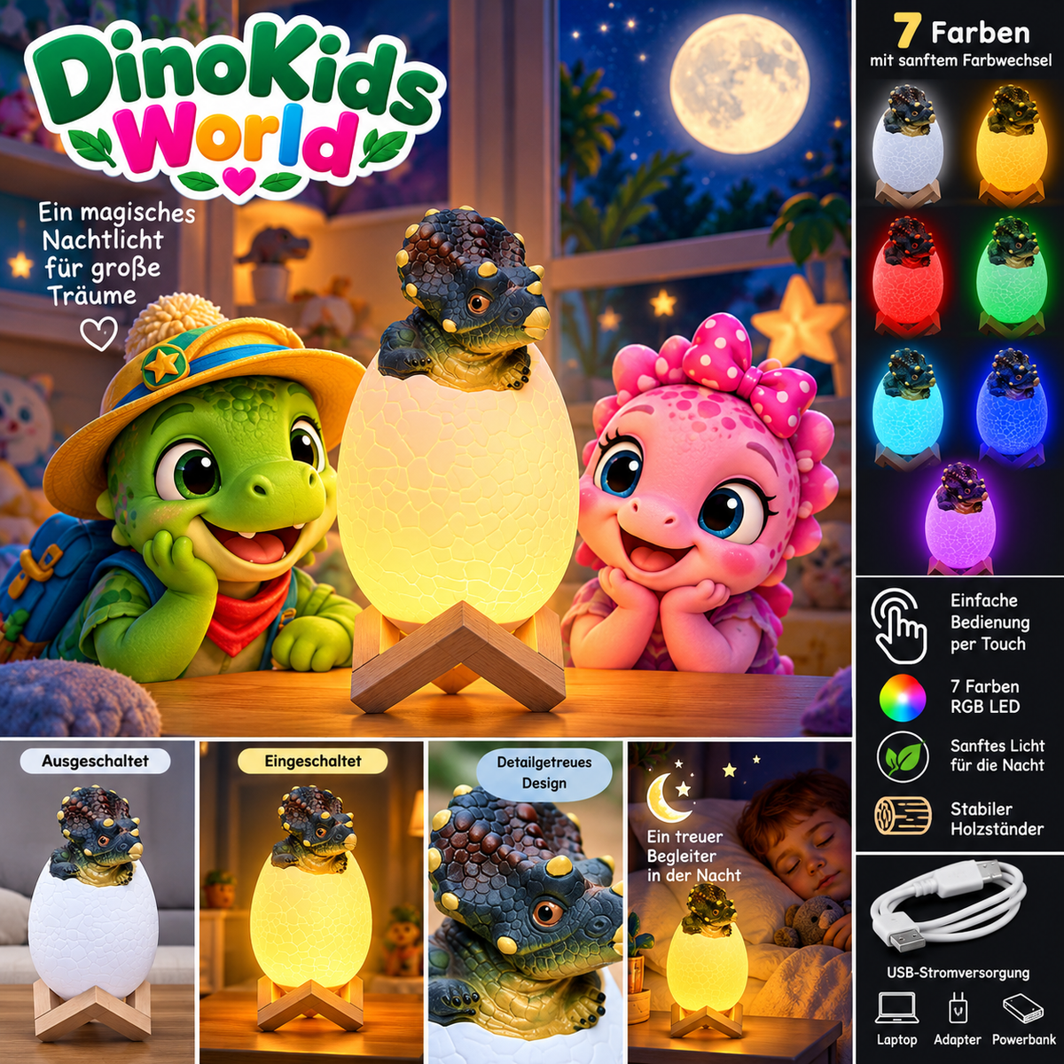 Triceratops RGB LED Nachtlicht mit Rexy und Luma